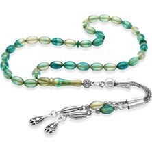 Tesbihname Ateş Kehribar Tesbih - Kararmaz Metal Damla Püsküllü - Su Yeşili Turkuaz - Mini Boy - Arpa Kesim