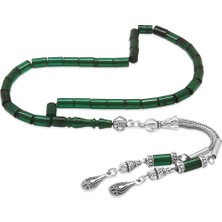 Tesbihname Ateş Kehribar Tesbih - Kararmaz Metal Damla Püsküllü - Yeşil Siyah - Mini Boy - Kesme Kesim