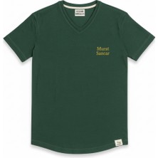 Tesbihname Kişiye Özel Nakışlı Yakası Biyeli Kısa Kollu V Yaka Premium Haki Tişört S