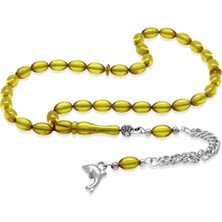 Tesbihname Ateş Kehribar Tesbih - Kararmaz Metal Püsküllü - Mini Boy - Sarı Renk - Arpa Kesim