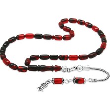 Tesbihname 925 Ayar Gümüş Püsküllü Kapsül Kesim Mini Boy Kırmızı Siyah Ateş Kehribar Tesbih