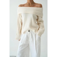 Cemo Kadın Omuz Açık Kaburga Örgü Geniş Yaka Büyük Boy Kazak