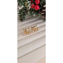 Pirinç Sallantılı Zirkon Taşlı Gold Renk Kaburga Küpe