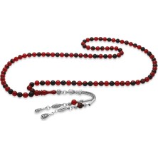 Tesbihname Kararmaz Metal Su Damlası Püsküllü Küre Kesim Kırmızı Siyah Ateş Kehribar 99 Taneli Namaz Tesbihi