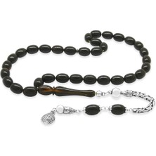 Tesbihname 925 Ayar Gümüş Kral Zincir Püsküllü Sülün Imame Beyzi Kesim Siyah - Sarı Hareli Katalin Tesbih