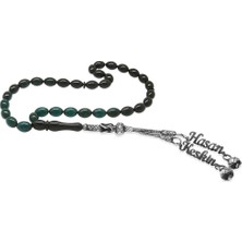 Tesbihname 1000 Ayar Gümüş Çift Kazaz Püsküllü Arpa Kesim Isim Yazılı Turkuaz Ateş Kehribar Tesbih