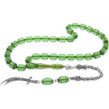 Tesbihname 925 Ayar Gümüş Püsküllü Uçlu Kapsül Kesim Isme Özel Yazılı Su Yeşili Ateş Kehribar Tesbih