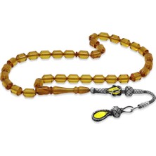 Tesbihname 1000 Ayar Gümüş Kazaz Püsküllü Uçlu Kapsül Kesim Sarı Ateş Kehribar Tesbih