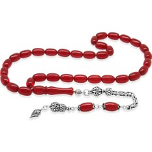 Tesbihname 925 Ayar Gümüş Kral Zincir Püsküllü Özel Kesim Bayrak Kırmızısı Ateş Kehribar Tesbih