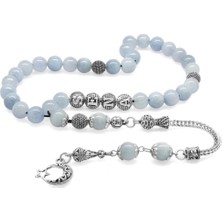 Tesbihname Kararmaz Metal Püsküllü Küre Kesim Isme Özel Yazılı Akuamarin Doğaltaş Tesbih