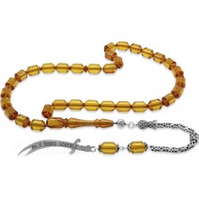 Tesbihname 925 Ayar Gümüş Kral Püsküllü Uçlu Kapsül Kesim Isme Özel Yazılı Sarı Ateş Kehribar Tesbih