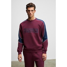 Grimelange HERCULES Erkek Bisiklet Yaka Önü Nakışlı Kolları Biyeli Bordo Sweatshirt