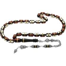 Tesbihname 925 Ayar Gümüş Kral Püsküllü Kırmızı Beyaz Mineli Pirinç Sarmal Kapsül Kesim Kuka Tesbih