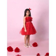 Tüllü Pul Işlemeli Kısa Kız Çocuk Abiye Elbise 5-10 Yaş