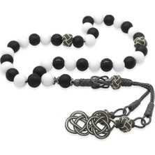 Tesbihname 1000 Ayar Gümüş Kazaz Püsküllü Küre Kesim Siyah Beyaz Jade Oniks Doğaltaş Taraftar Tesbih