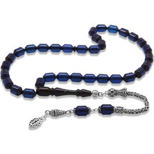 Tesbihname 925 Ayar Gümüş Kral Püsküllü Uçlu Kapsül Kesim Lacivert Sıkma Kehribar Tesbih