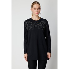 On Kadın Önü Zincirli Desenli Uzun Triko Kazak 65387 Siyah