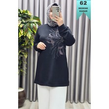 Elmas Tesettür Elmas Büyük Beden Kadın Giyim Modal Taşlı Çiçekli Tunik Uzun Kol Siyah Renkli Şık Tasarım