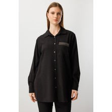 Ekol Kadın Büyük Beden Cebi Taş Işlemeli Gömlek 3561 Siyah