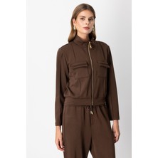 On Kadın Cep Detaylı Dik Yaka Eşofman Üstü 66509 Kahverengi