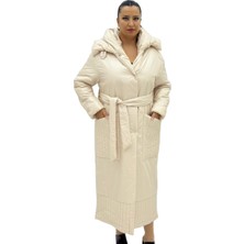 AlanyaXXL Büyük Beden Kemerli Kapüşonlu Kapitone Çıt Çıt Kapama Oversize Kadın Kaban