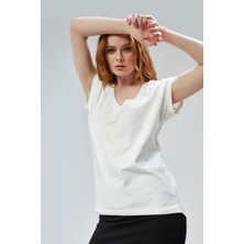 The Fancy Kadın V Yaka Kısa Kol Düz Basic Tişört