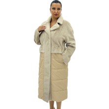 AlanyaXXL Büyük Beden Kürklü Düğmeli Şişme Uzun Oversize Kadın Kaban
