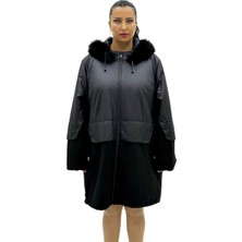 AlanyaXXL Büyük Beden Kapüşonlu Kürk Detaylı Yünlü Uzun Kol Oversize Kadın Kaban