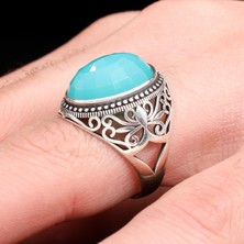 Mem Güney Silver Mavi Taşlı Desenli 925 Ayar Erkek Gümüş Yüzük