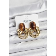 Clariss Pirinç Gold Renk Kahverengi Taşlı Vintage Kadın Küpe