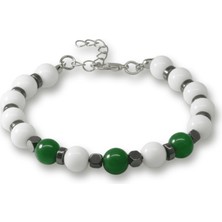 Tesbihname Gümüş Renk Metal Zincirli Küre Kesim Yeşil Beyaz Jade Hematit Doğaltaş Erkek Taraftar Bileklik