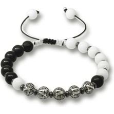 Tesbihname Isme Özel Yazılı Makrome Örgülü Küre Siyah Beyaz Jade Oniks Hematit Doğaltaş Erkek Taraftar Bileklik