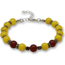 Tesbihname Gümüş Renk Metal Zincirli Küre Kesim Sarı Kırmızı Jade Akik Hematit Doğaltaş Erkek Taraftar Bileklik