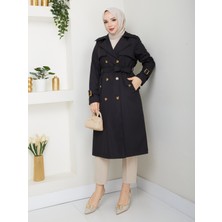 Kadın Siyah Arkası Düğmeli Trençkot