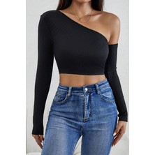Moda Şahsenem Kadın Siyah Tek Omuz Detaylı Uzun Kol Crop Top Bluz