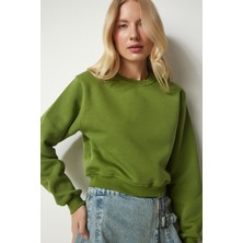 Happiness İstanbul Şardonlu Crop Sweatshirt LUB0043 Fıstık Yeşili