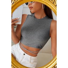 Moda Şahsenem Kadın Gri Çapraz Bağlamalı Crop Top Büstiyer