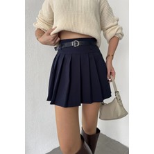 Asfa Moda Lacivert Astarlı Şortlu Kemerli Pileli Kışlık Mini Etek