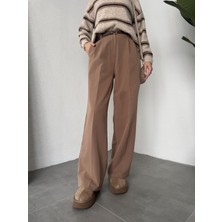 Asfa Moda Açık Kahverengi Pileli Tam Kalıp Bel Oturtmalı Geniş Paça Palazzo Pantolon