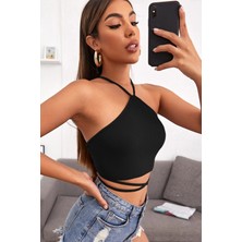 Moda Şahsenem Kadın Siyah Sırtı Açık Boyundan Çapraz Bağlamalı Crop Top Bluz
