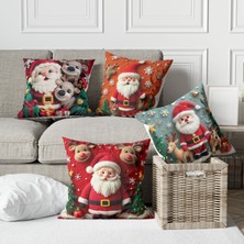 Alkan Homes 4 Lü Kombin Punch Desen Görünümlü Noel Baba ve Geyik Desenli Dijital Baskılı Kırlent Kılıfı