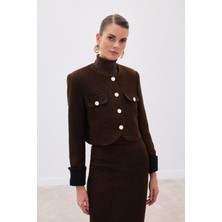 Sateen Kontrast Kısa Tüvit Ceket - Kahve