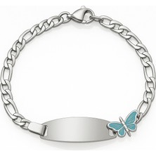 Tesbihname Çocuk Çelik Bileklik - Isme Özel Yazılı - Gümüş Renk - Turkuaz Kelebek Figürlü - Figaro Zincirli