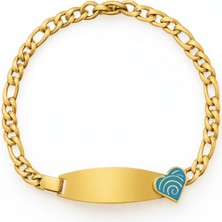 Tesbihname Çocuk Çelik Bileklik - Isme Özel Yazılı - Altın Renk - Turkuaz Kalp Detaylı - Figaro Zincirli