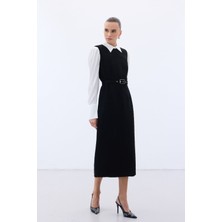 Sateen Kemerli Tüvit Elbise - Siyah