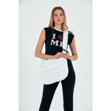 Mute Bag Beyaz Toscana / Beyaz Renk Peluş Kapaklı Postacı Çapraz Askılı Omuz / Okul Çantası