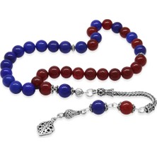 Tesbihname 925 Ayar Gümüş Püsküllü Küre Kesim Bordo Mavi Jade Doğaltaş Taraftar Tesbih