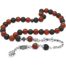 Tesbihname Kararmaz Metal Arnavut Püsküllü Küre Kesim Kırmızı Siyah Oniks Akik Doğaltaş Taraftar Tesbih M1