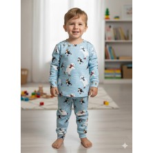 Isobel Isob Mavi Yeni Yıl Desenli Interlok %100 Pamuk Unisex Kız ve Erkek Çocuk Pijama Takımı 3-13 Yaş 4226-M