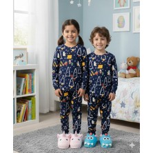 Isobel Isob Lacivert Yeni Yıl Desenli Interlok %100 Pamuk Unisex Kız ve Erkek Çocuk Pijama Takımı 3-13 Yaş 4226-L